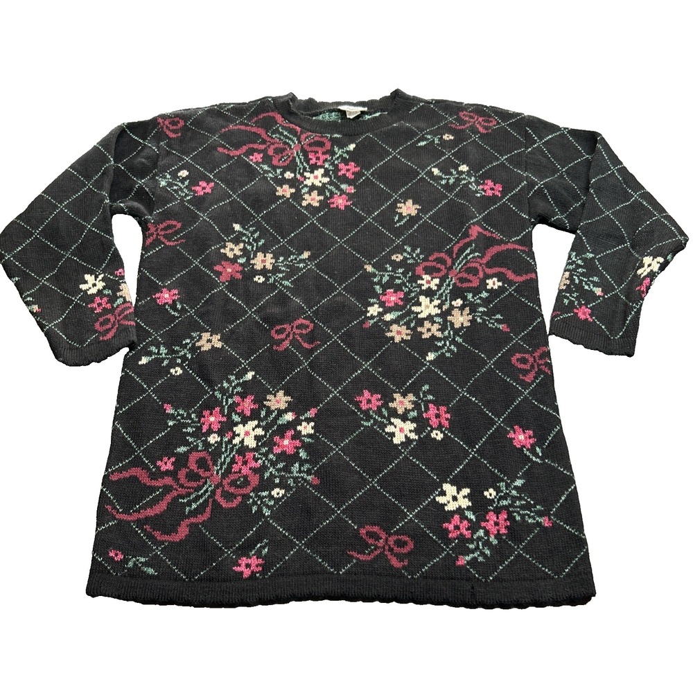 VTG 80s 90s Black Floral Crew Neck Sweater Size M Lattice Roses Bows Cottage